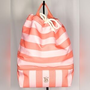 Victoria’s Secret Pink & White Striped Backpack Drawstring Cooler Beach Bag NWT